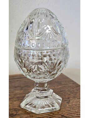 Vintage Pressed Glass Egg-Shaped Covered Pedestal Dish Jar Candle Holder Clear